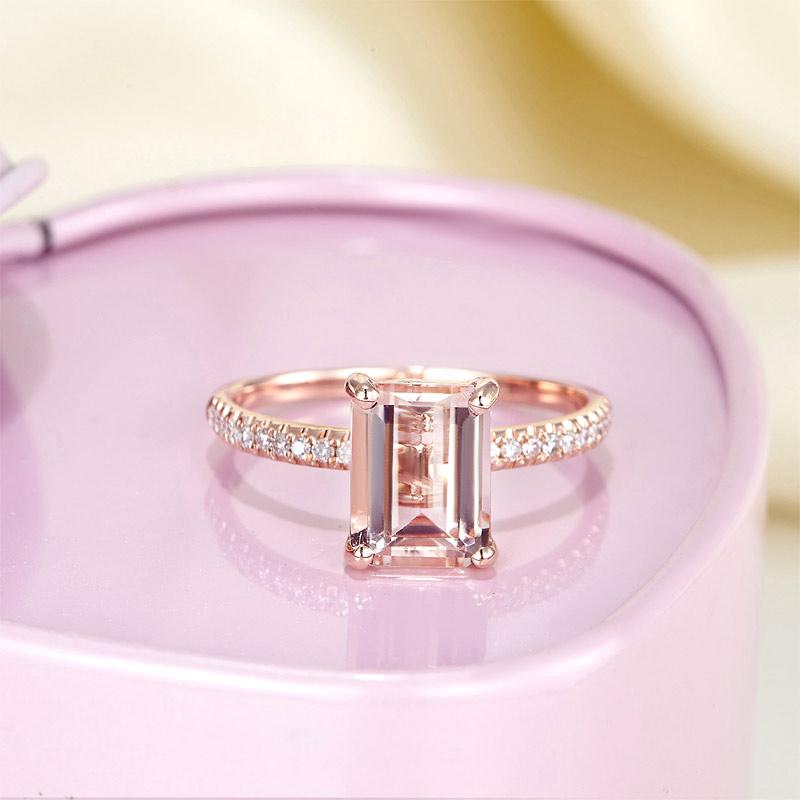 14K Rose Emerald Cut 2.8ct Peach Morganite 0.16 Ct Natural Diamond Ring - Black Diamonds New York