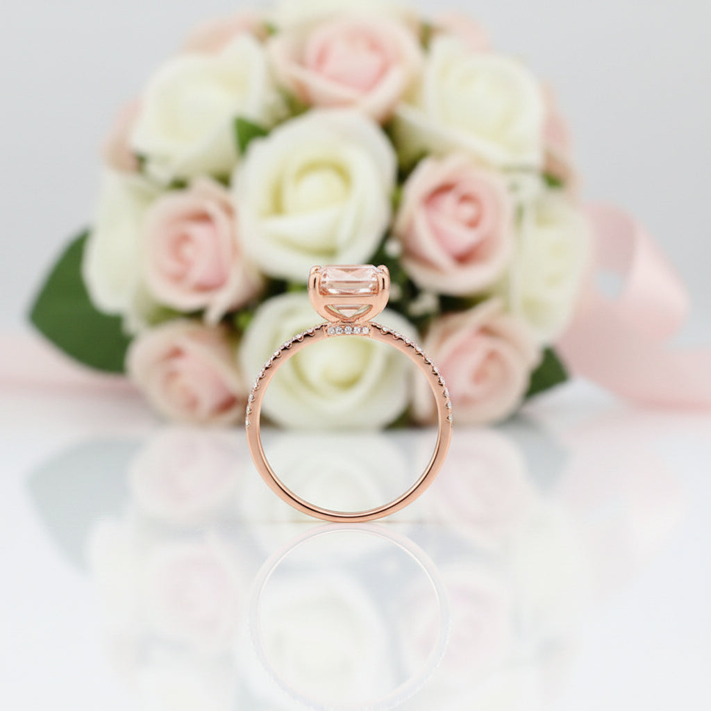 14k Rose Emerald Cut 2.8ct Peach Morganite Diamond Option Ring-Black Diamonds New York