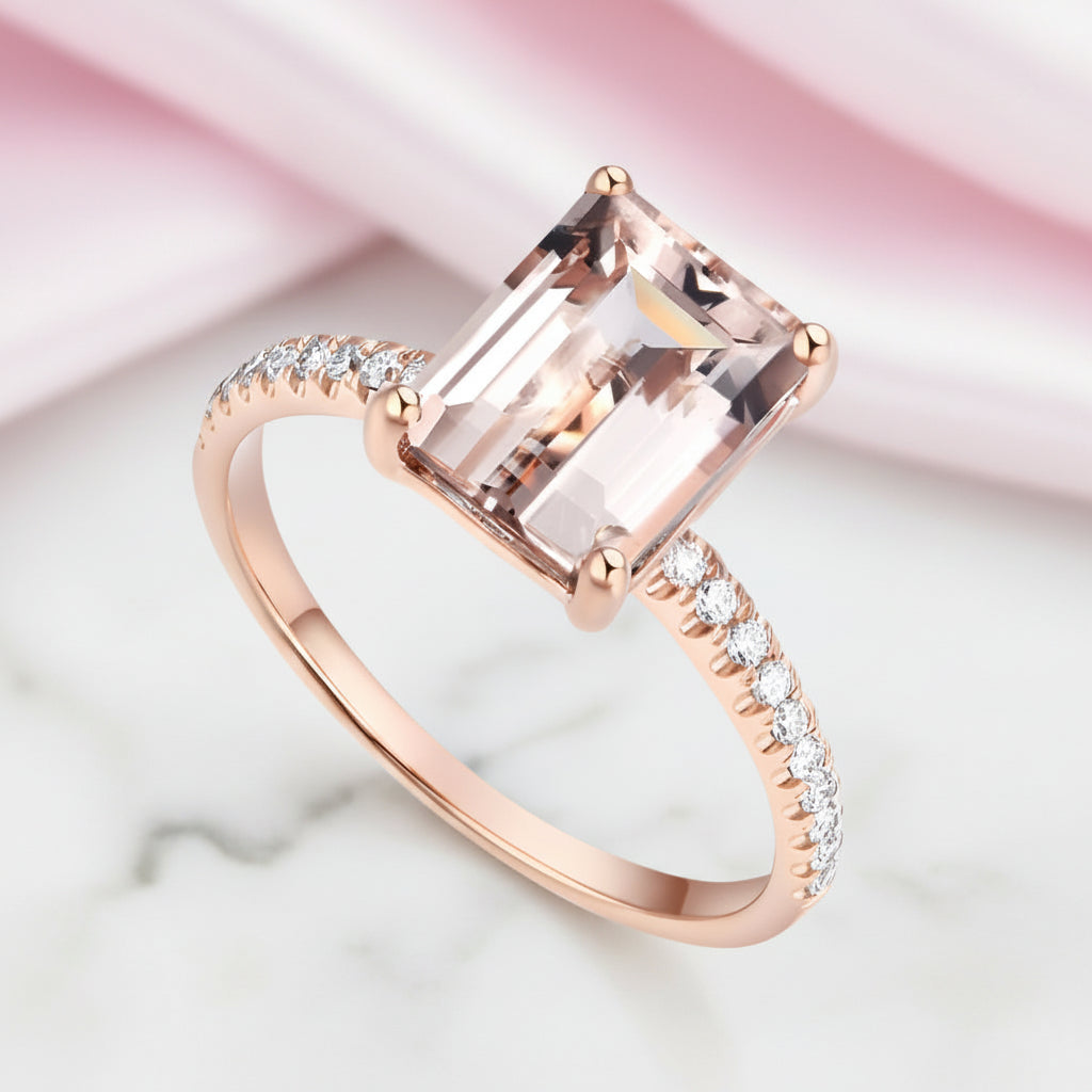 14k Rose Emerald Cut 2.8ct Peach Morganite Diamond Option Ring-Black Diamonds New York