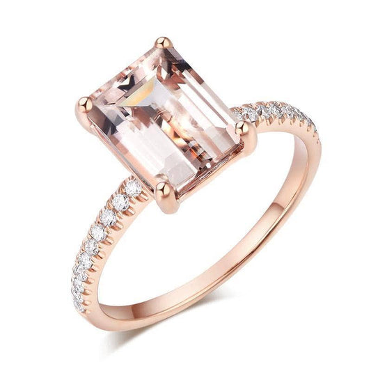 14K Rose Emerald Cut 2.8ct Peach Morganite 0.16 Ct Natural Diamond Ring