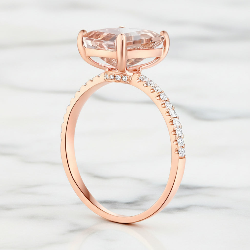 14k Rose Emerald Cut 2.8ct Peach Morganite Diamond Option Ring-Black Diamonds New York