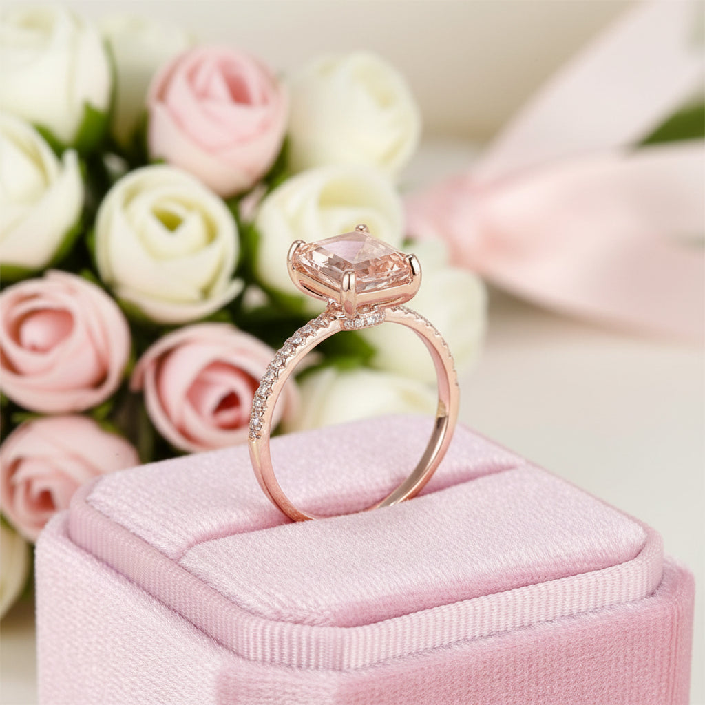 14k Rose Emerald Cut 2.8ct Peach Morganite Diamond Option Ring-Black Diamonds New York