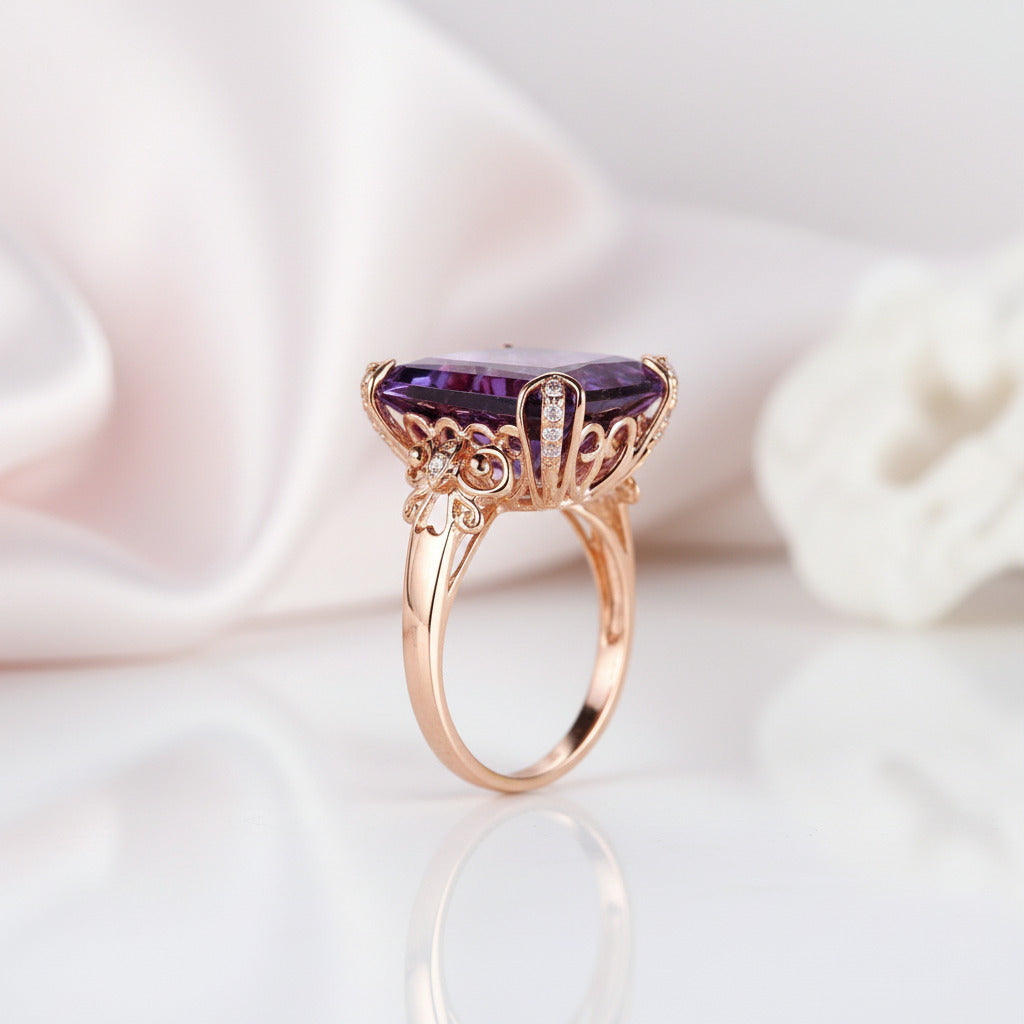 14K Rose Gold 10.5ct Purple Amethyst Diamond Option Ring-Black Diamonds New York