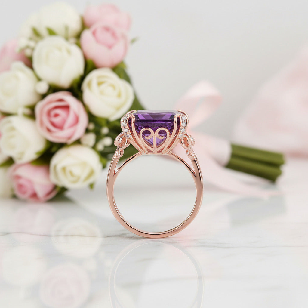 14K Rose Gold 10.5ct Purple Amethyst Diamond Option Ring-Black Diamonds New York