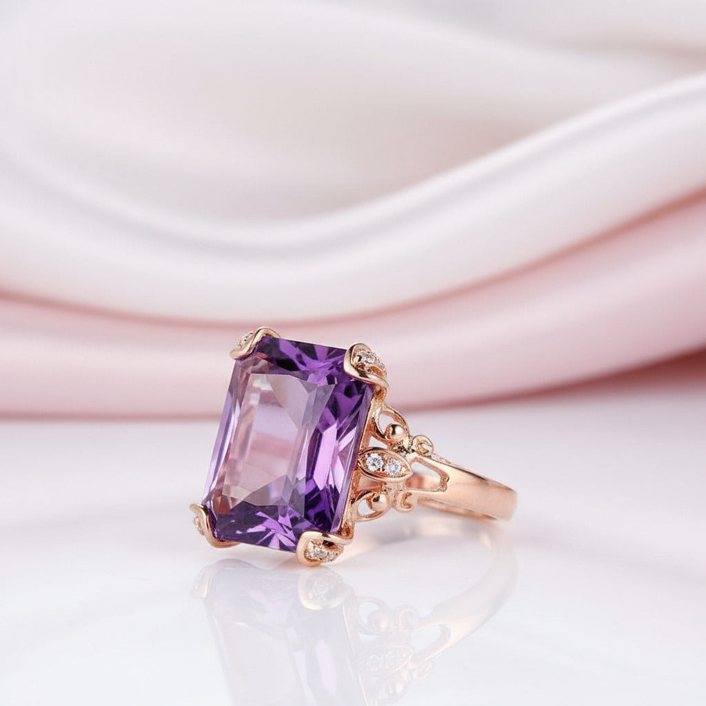14K Rose Gold 10.5ct Purple Amethyst Diamond Option Ring-Black Diamonds New York