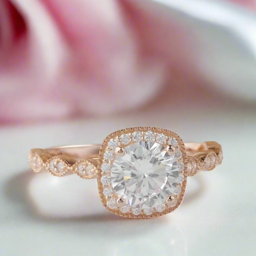 14k Rose Gold 1.2 Ct Round Cut Diamond Halo Engagement Ring-Black Diamonds New York