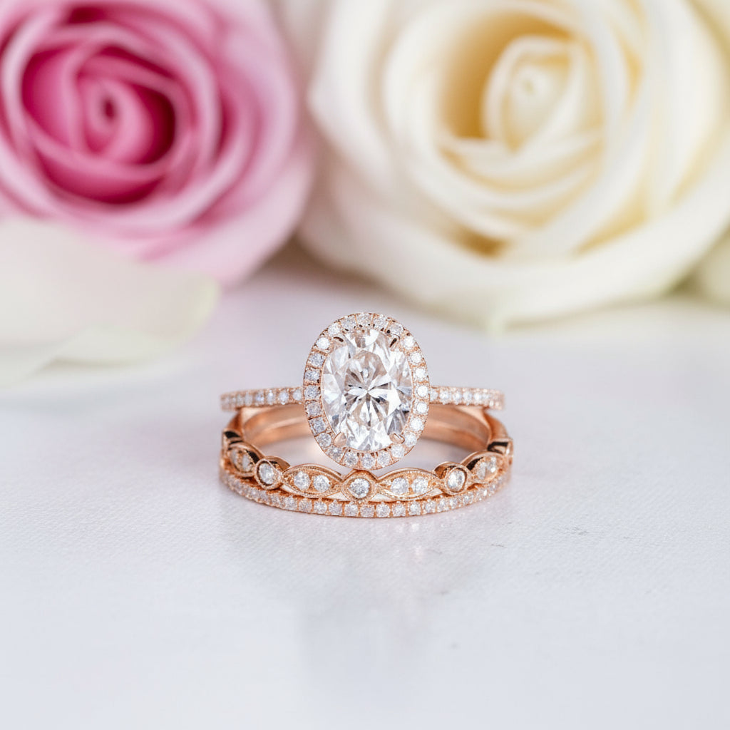 14k Rose Gold 1.5ct Oval-Cut Diamond Halo Engagement Ring Set-Black Diamonds New York