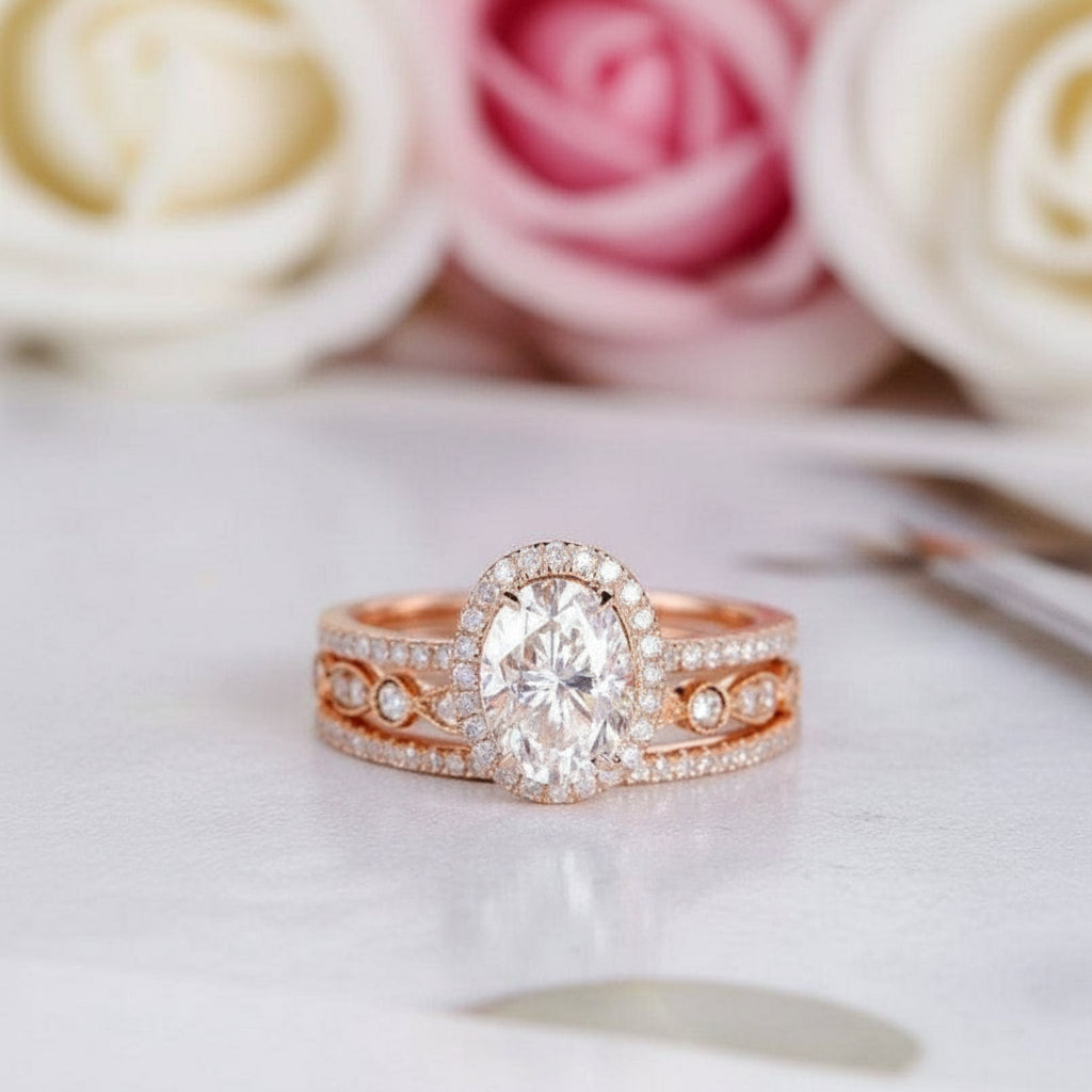 14k Rose Gold 1.5ct Oval-Cut Diamond Halo Engagement Ring Set-Black Diamonds New York