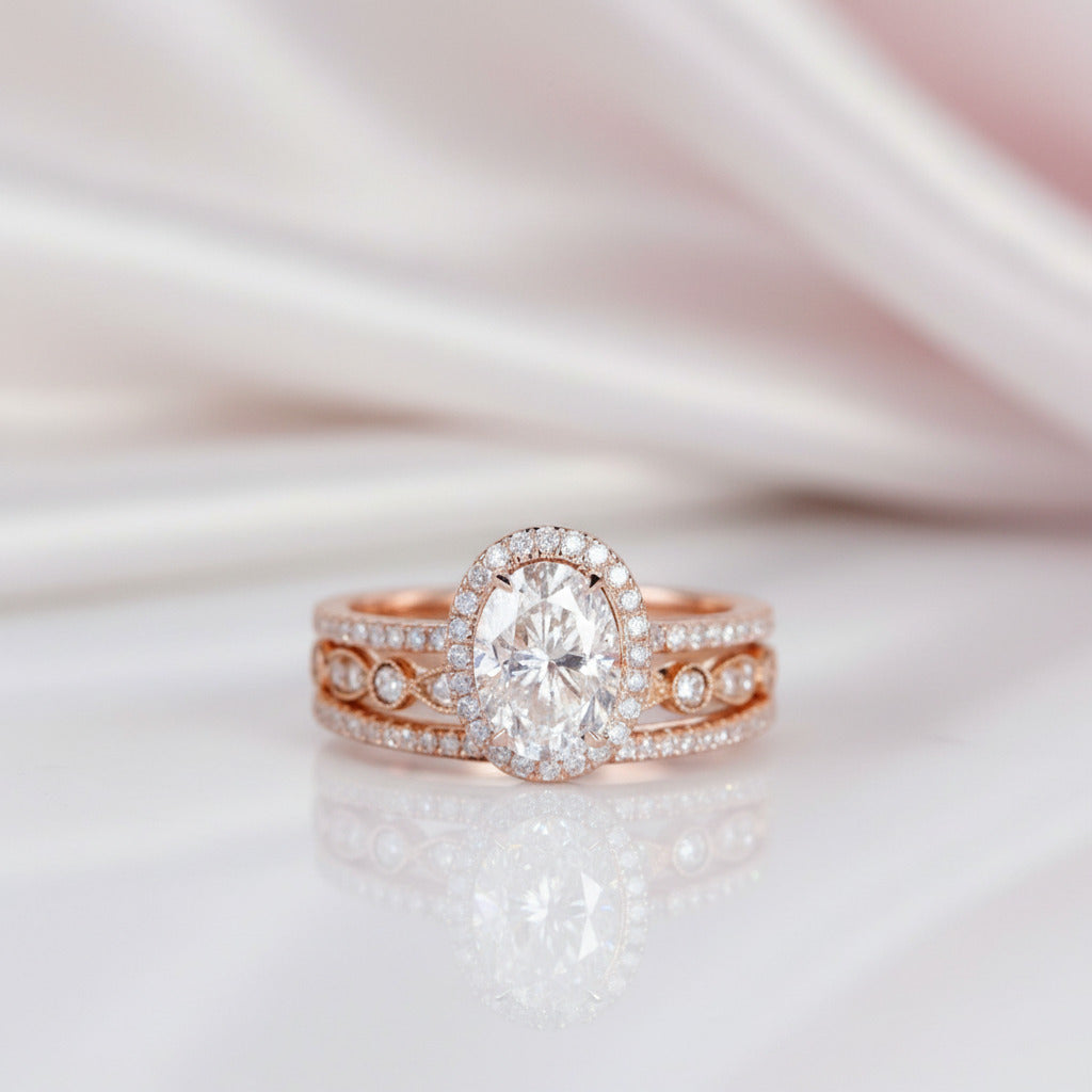 14k Rose Gold 1.5ct Oval-Cut Diamond Option Halo Engagement Ring Set-Black Diamonds New York