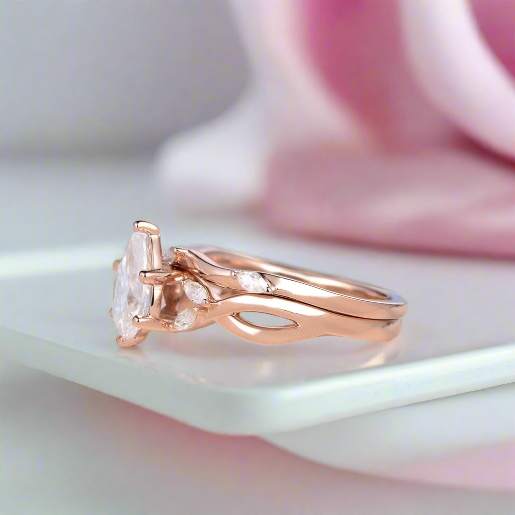 14k Rose Gold 1.5ct Pear Cut Diamond Ring Set-Black Diamonds New York