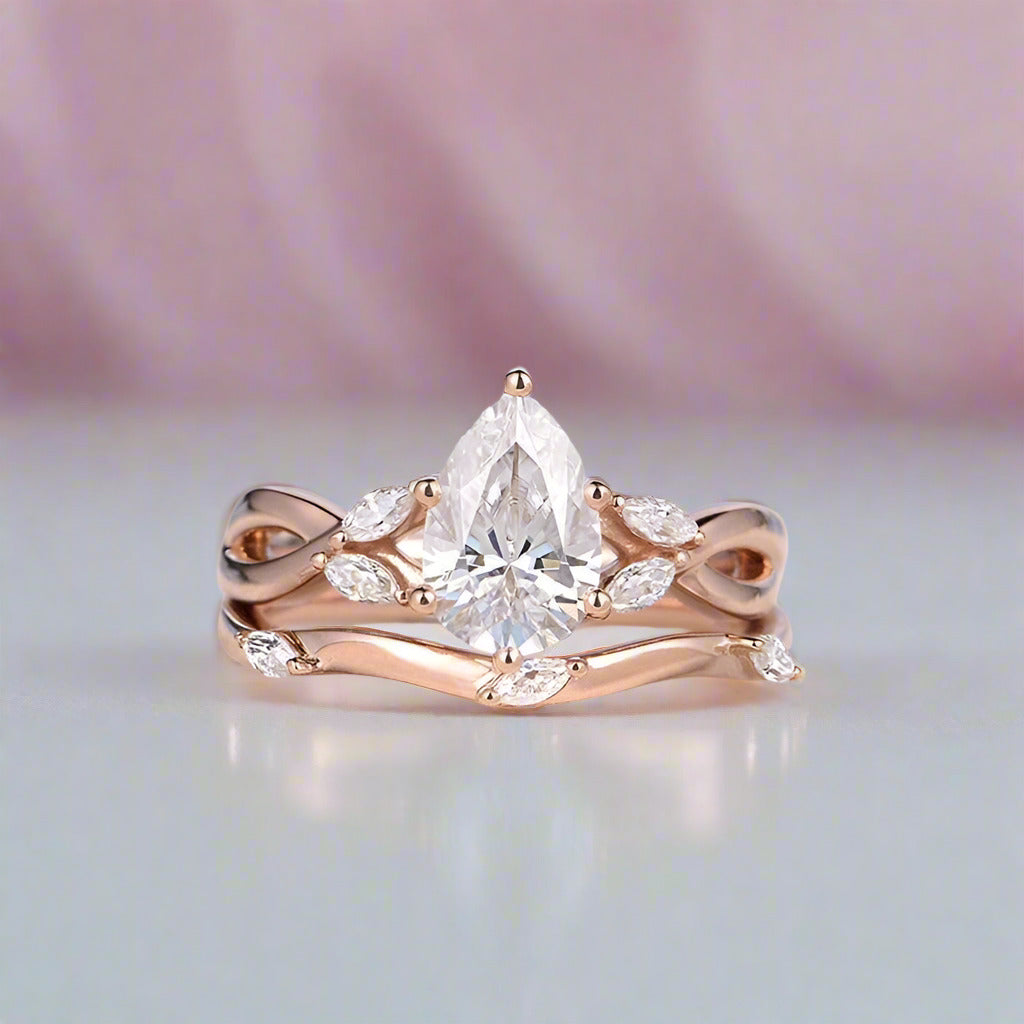 14k Rose Gold 1.5ct Pear Cut Diamond Ring Set-Black Diamonds New York