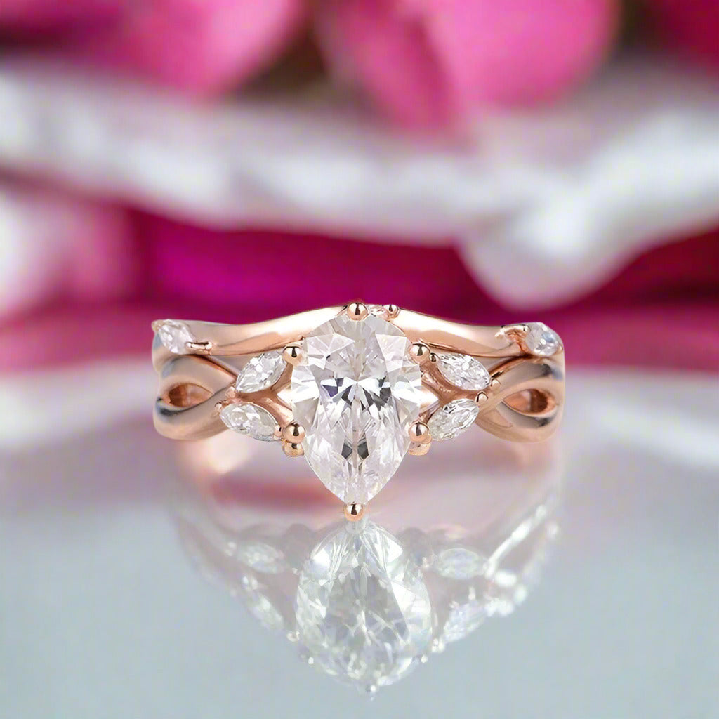 14k Rose Gold 1.5ct Pear Cut Diamond Ring Set-Black Diamonds New York