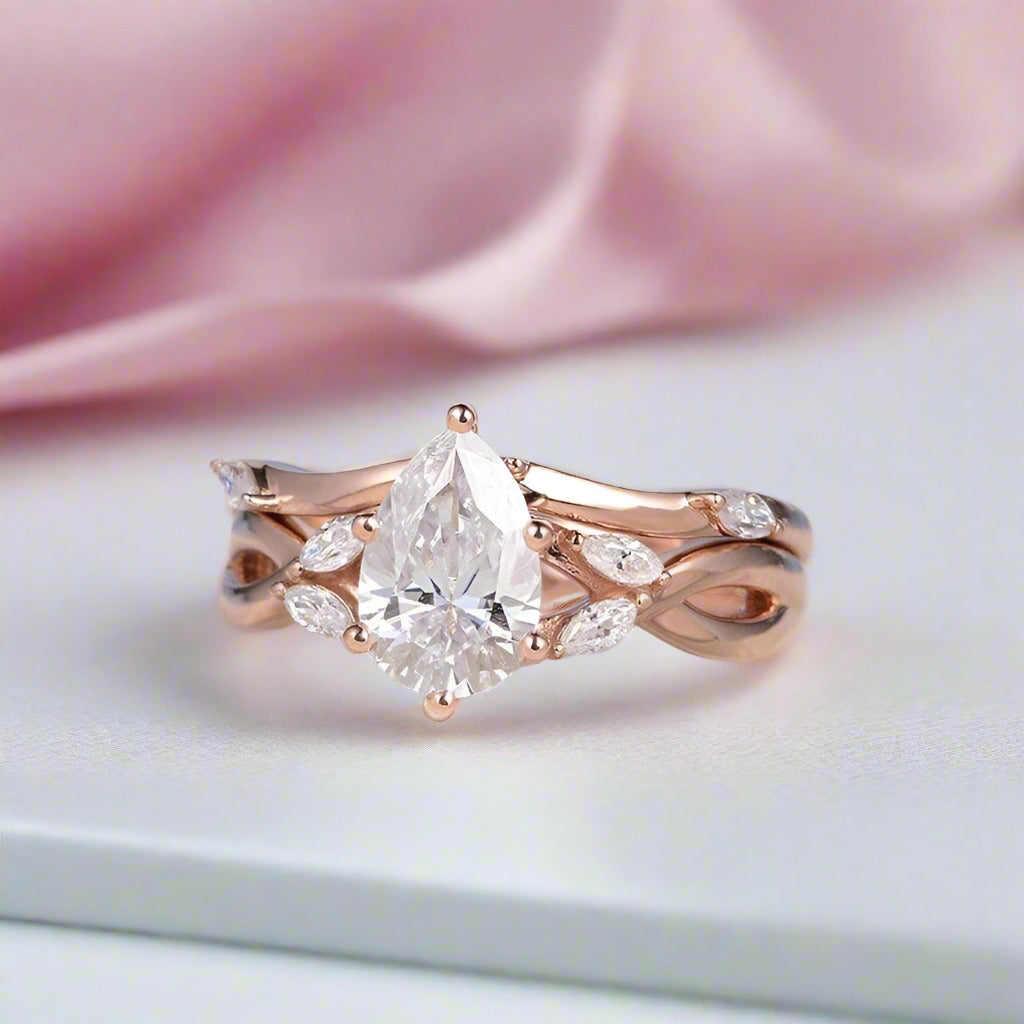 14k Rose Gold 1.5ct Pear Cut Diamond Ring Set-Black Diamonds New York