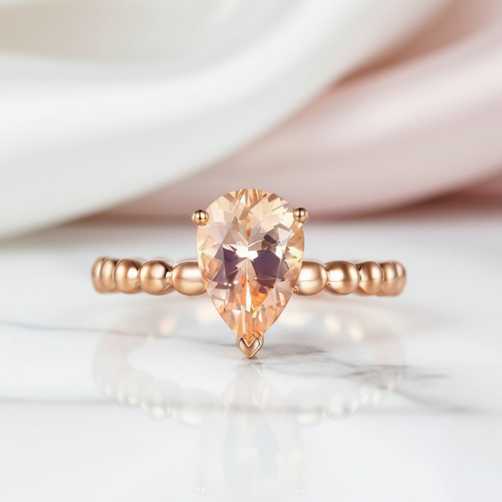 14K Rose Gold 1.6 Ct Pear Peach Morganite Solitaire Ring-Black Diamonds New York
