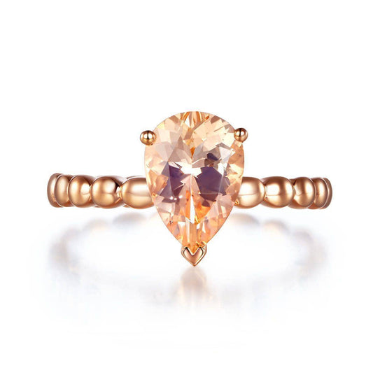 14K Rose Gold 1.6 Ct Pear Peach Morganite Solitaire Ring-Black Diamonds New York