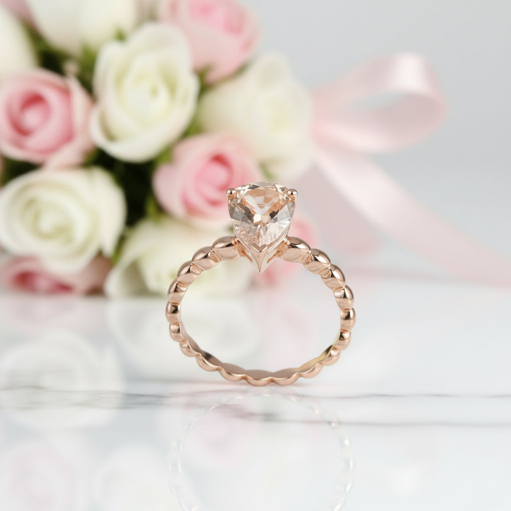 14K Rose Gold 1.6 Ct Pear Peach Morganite Solitaire Ring-Black Diamonds New York