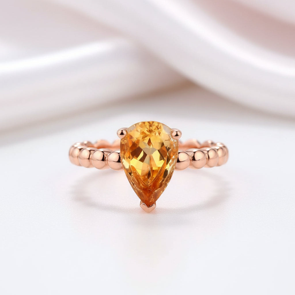 14k Rose Gold 1.6ct Pear Cut Citrine Solitaire Ring-Black Diamonds New York