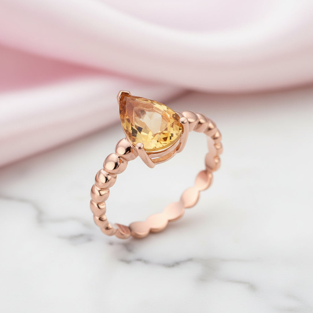14k Rose Gold 1.6ct Pear Cut Citrine Solitaire Ring-Black Diamonds New York