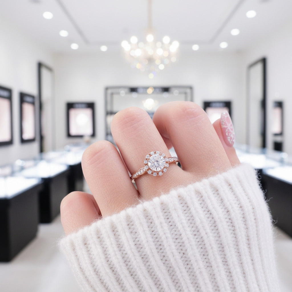 14k Rose Gold 1ct 6.5mm Diamond Option Halo Engagement Ring-Black Diamonds New York