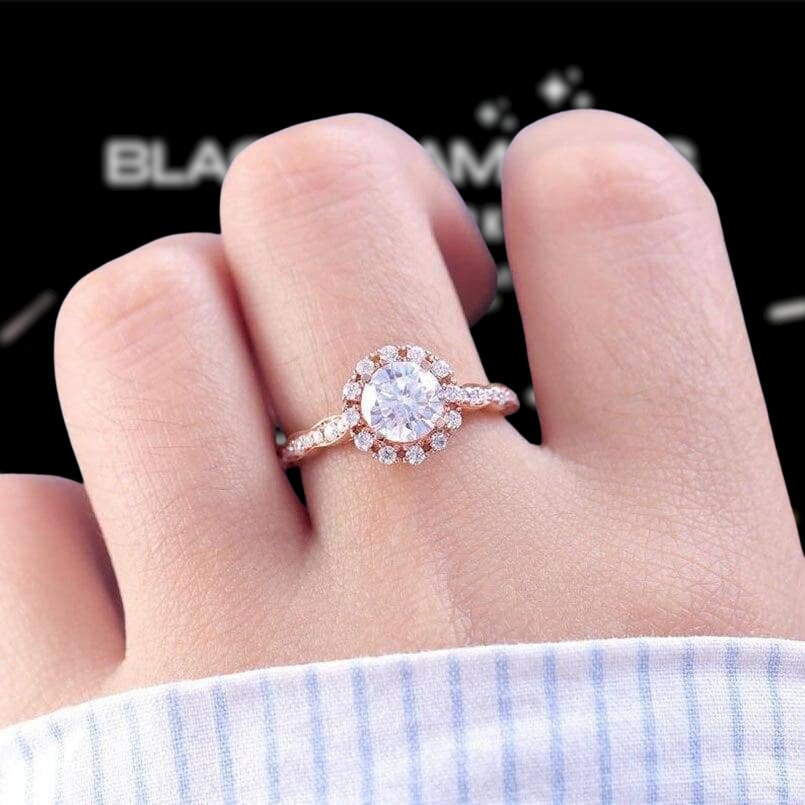 14k Rose Gold 1ct 6.5mm Moissanite Halo Engagement Ring-Black Diamonds New York