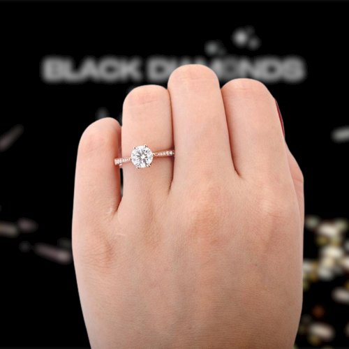 14k Rose Gold 1ct Moissanite 6 Prong Solitaire Engagement Ring - Black Diamonds New York
