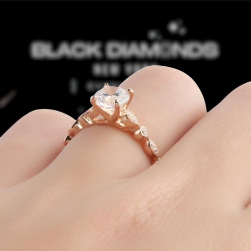 14K Rose Gold 1ct Round Cut Diamond Engagement Ring-Black Diamonds New York