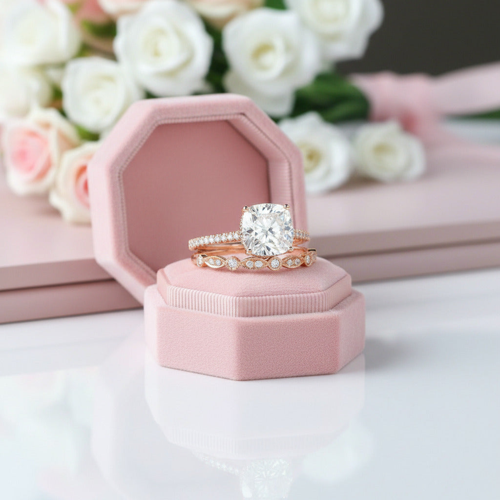 14k Rose Gold 2ct 7.5mm Cushion Cut Diamond Bridal Ring Set-Black Diamonds New York