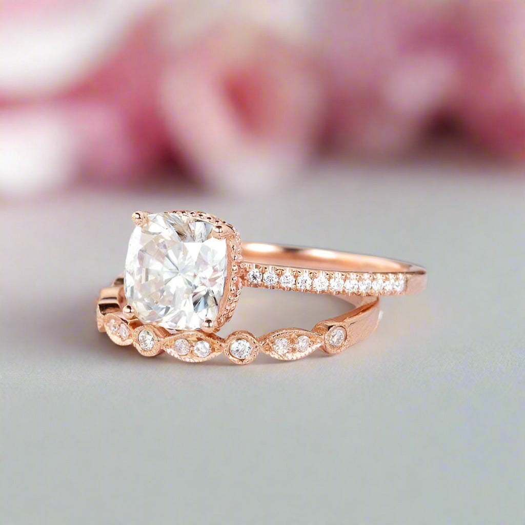 14k Rose Gold 2ct 7.5mm Cushion Cut Diamond Bridal Ring Set-Black Diamonds New York