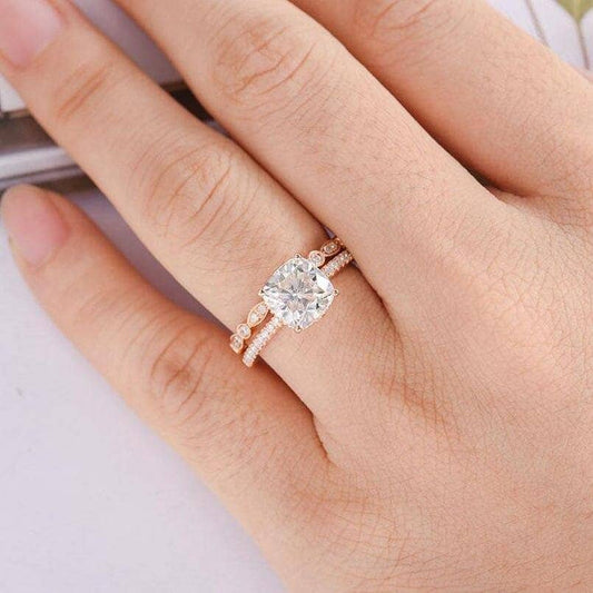 14k Rose Gold 2ct 7.5mm Cushion Cut Diamond Bridal Ring Set-Black Diamonds New York