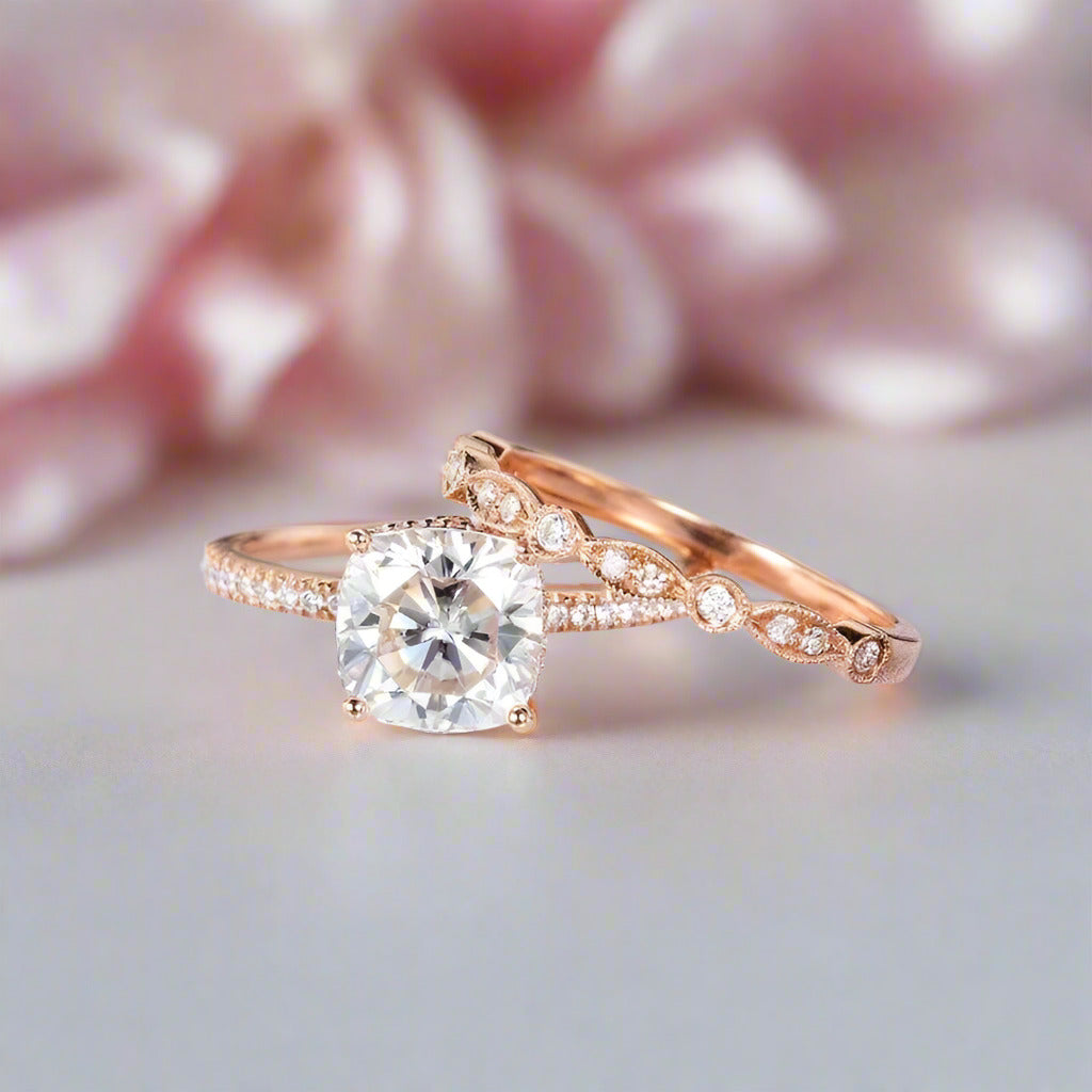 14k Rose Gold 2ct 7.5mm Cushion Cut Diamond Bridal Ring Set-Black Diamonds New York