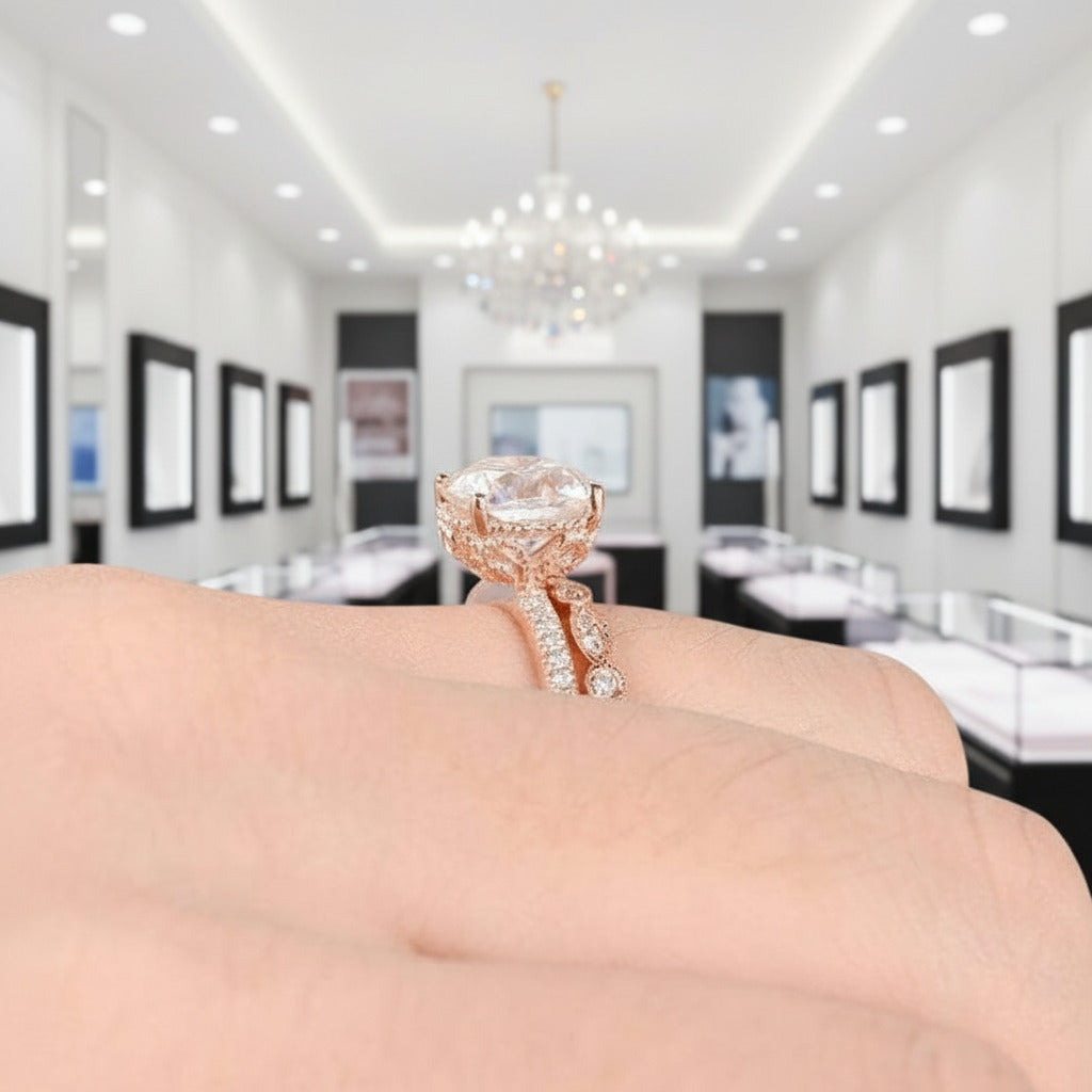 14k Rose Gold 2ct 7.5mm Cushion Cut Diamond Bridal Ring Set-Black Diamonds New York