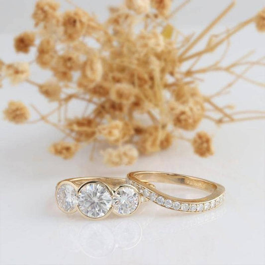 14k Rose Gold 3.1ct Moissanite Three Stone Engagement Ring Set - Black Diamonds New York