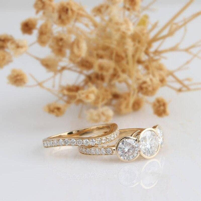 14k Rose Gold 3.1ct Moissanite Three Stone Engagement Ring Set-Black Diamonds New York