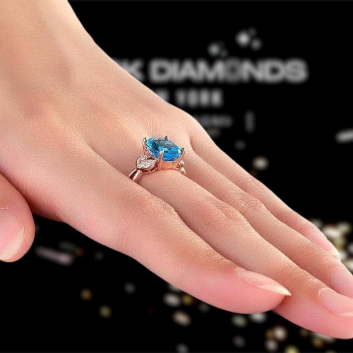 14K Rose Gold 3.5ct Swiss Blue Topaz & Natural Diamond Ring - Black Diamonds New York