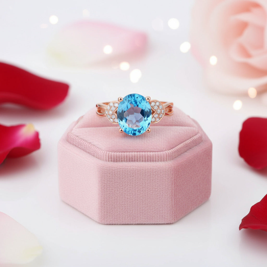 14K Rose Gold 3.5ct Swiss Blue Topaz & Natural Diamond Ring-Black Diamonds New York