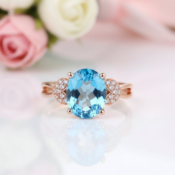 14K Rose Gold 3.5ct Swiss Blue Topaz & Natural Diamond Option Ring-Black Diamonds New York