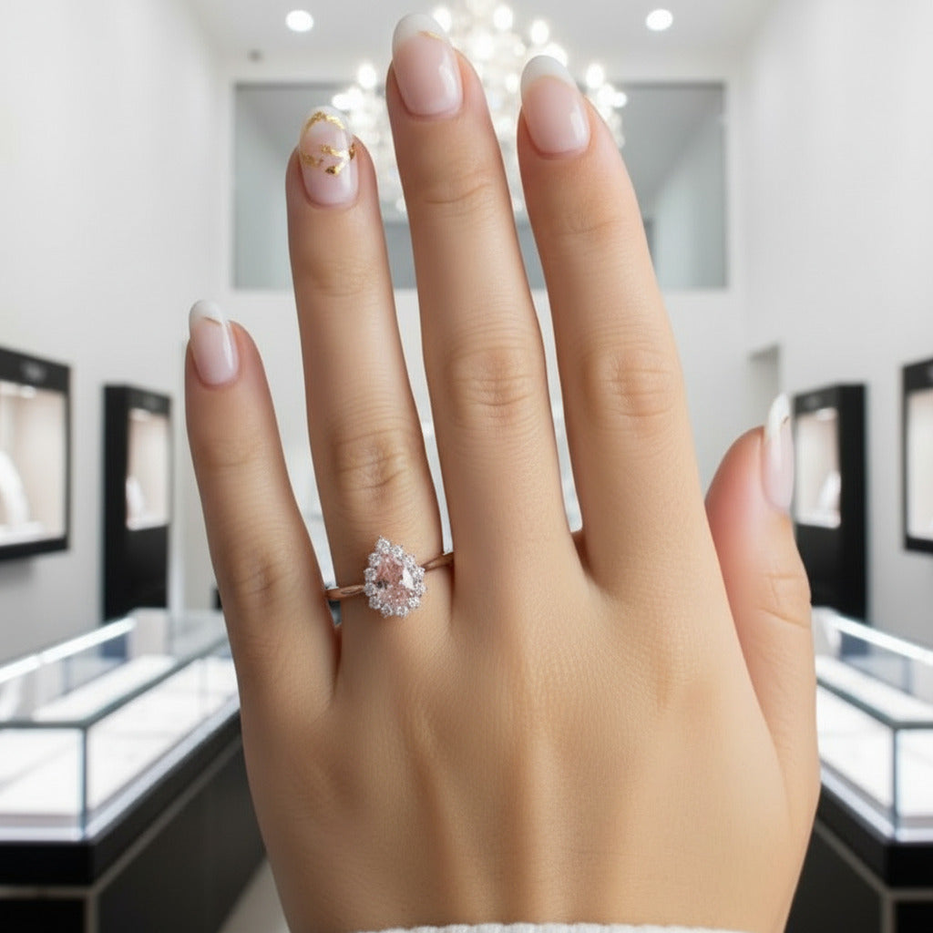 14k Rose Gold 5*7mm Morganite Halo Engagement Cocktail Engagement Ring-Black Diamonds New York