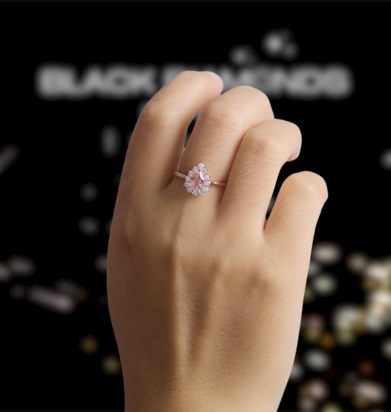 14K Rose Gold 5*7mm Morganite Halo Engagement Cocktail Engagement Ring - Black Diamonds New York