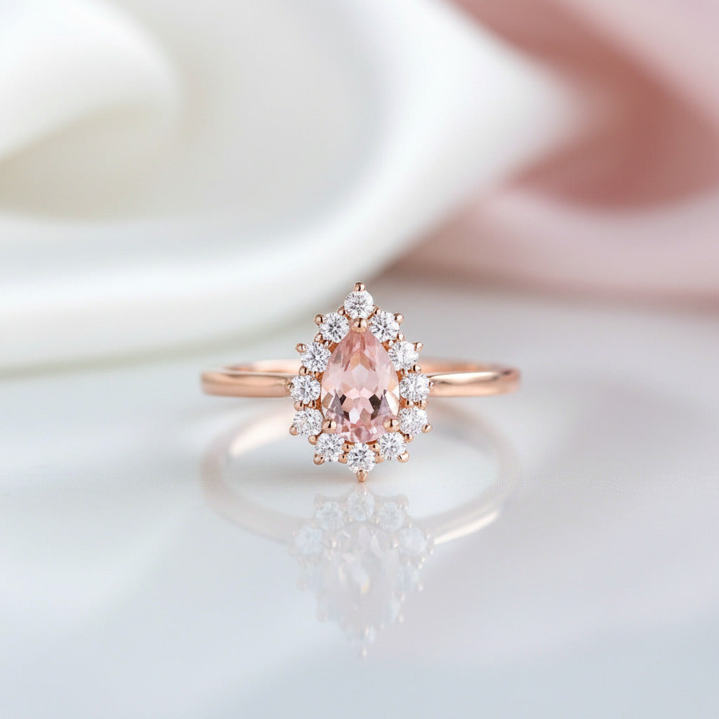 14k Rose Gold 5*7mm Morganite Halo Engagement Cocktail Engagement Ring-Black Diamonds New York