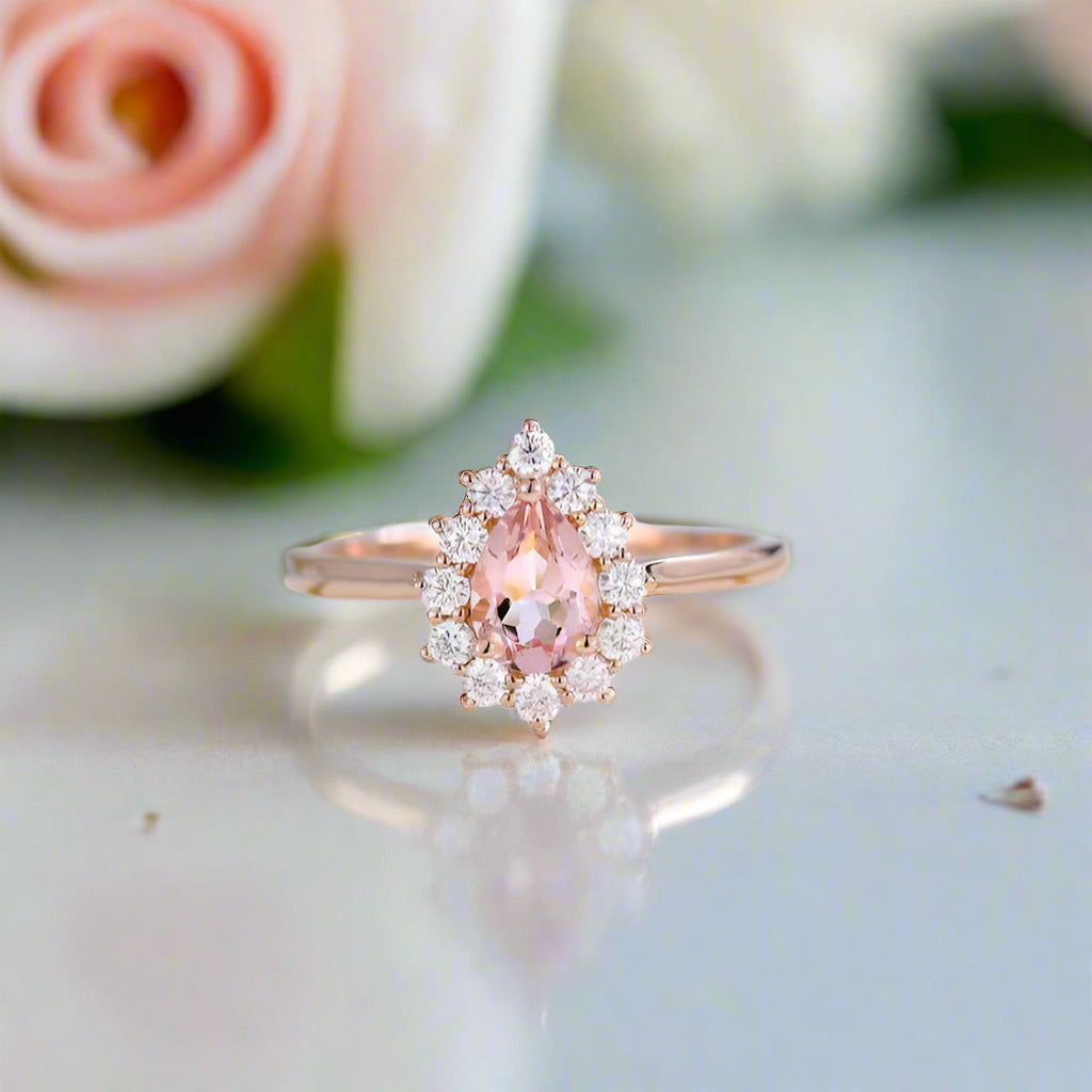 14k Rose Gold 5*7mm Morganite Halo Engagement Cocktail Engagement Ring-Black Diamonds New York