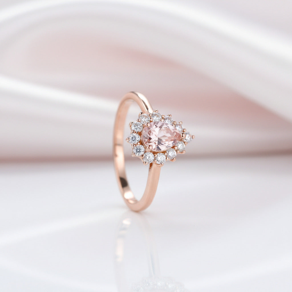 14k Rose Gold 5*7mm Morganite Halo Engagement Cocktail Engagement Ring-Black Diamonds New York
