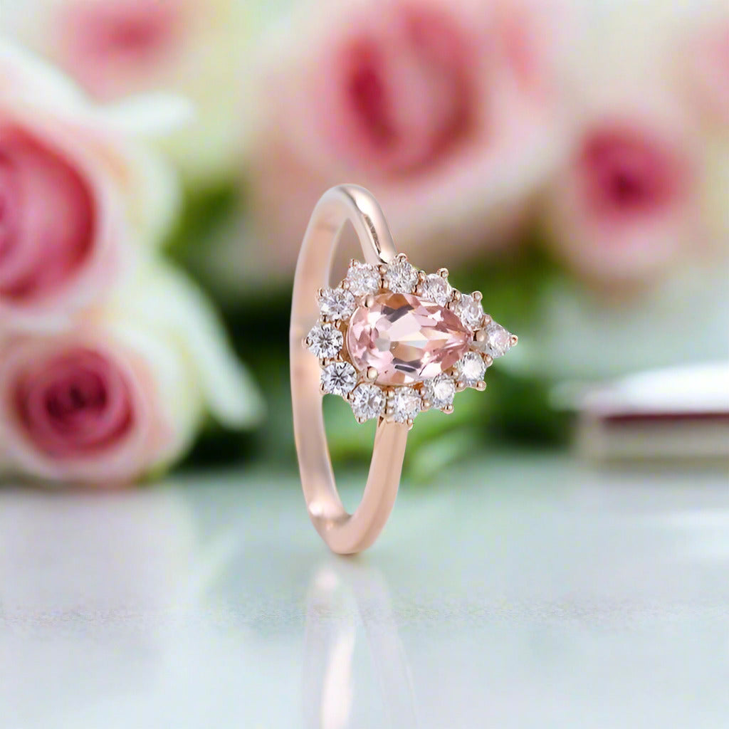 14k Rose Gold 5*7mm Morganite Halo Engagement Cocktail Engagement Ring-Black Diamonds New York