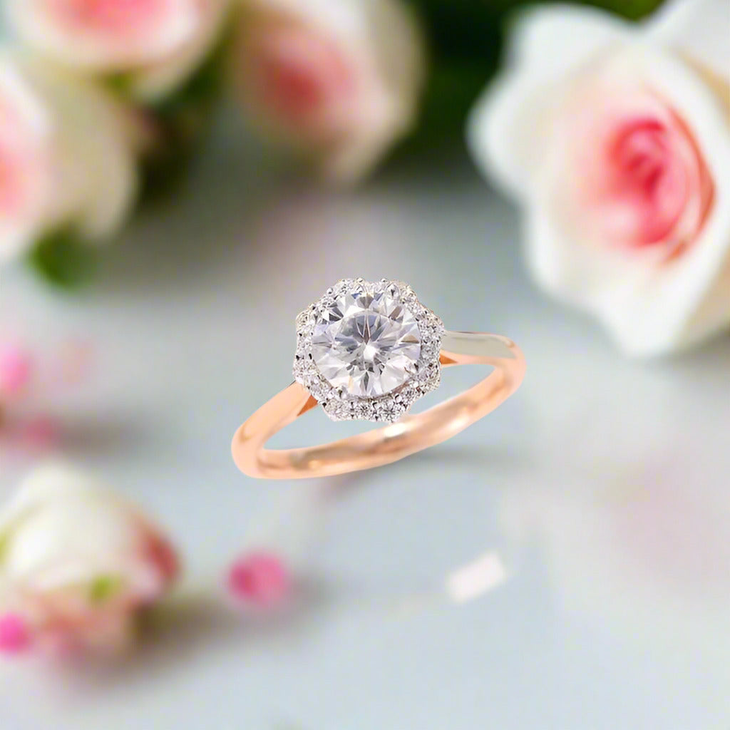 14k Rose Gold 6.5mm Diamond Halo Engagement Ring-Black Diamonds New York