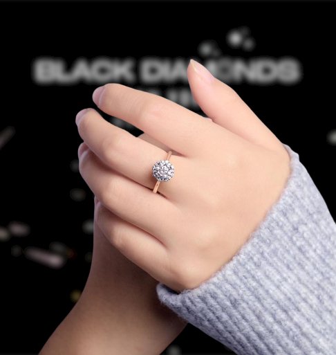 14K Rose Gold 6.5mm Moissanite Halo Engagement Ring - Black Diamonds New York