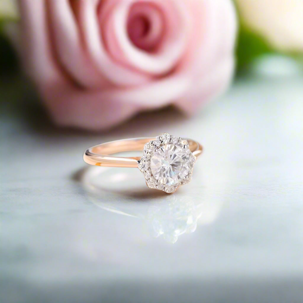 14k Rose Gold 6.5mm Diamond Halo Engagement Ring-Black Diamonds New York