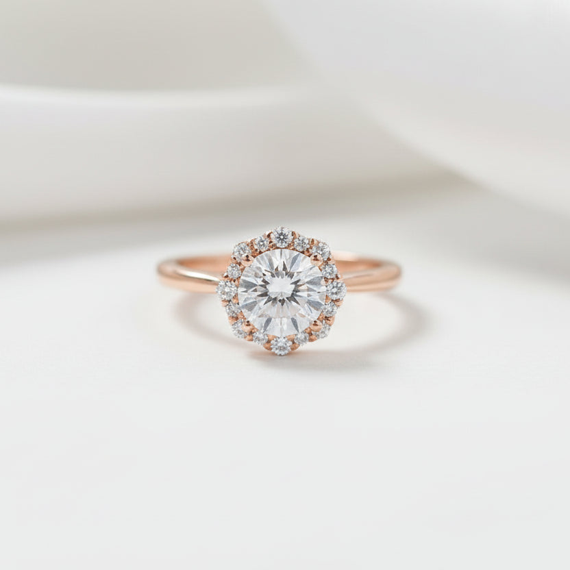 14k Rose Gold 6.5mm Diamond Halo Engagement Ring-Black Diamonds New York
