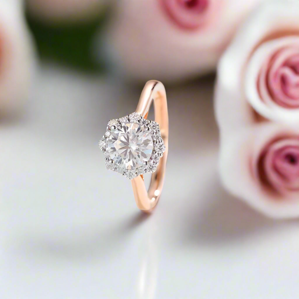 14k Rose Gold 6.5mm Diamond Halo Engagement Ring-Black Diamonds New York