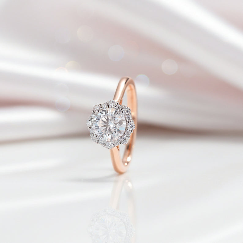 14k Rose Gold 6.5mm Diamond Halo Engagement Ring-Black Diamonds New York