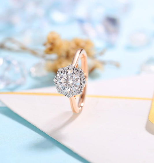 14K Rose Gold 6.5mm Moissanite Halo Engagement Ring-Black Diamonds New York