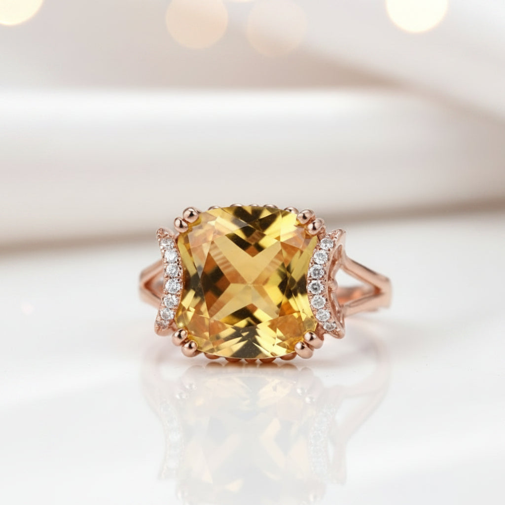 14k Rose Gold 6ct Cushion Yellow Citrine Diamond Option Ring-Black Diamonds New York